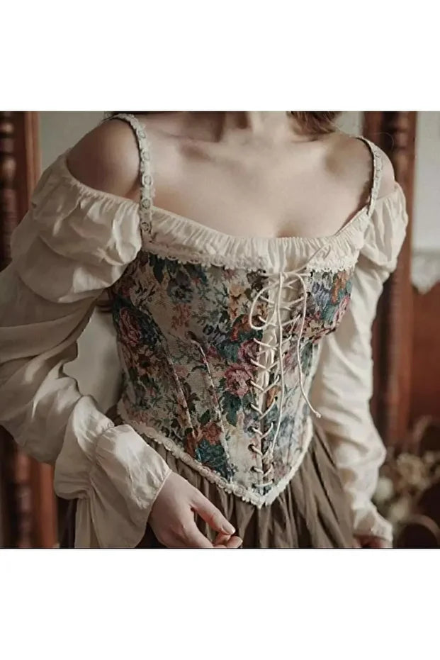 Fransız Vintage Çiçek Desenli Önden Bağcıklı Korse Büstiyer THESVELTECHIC