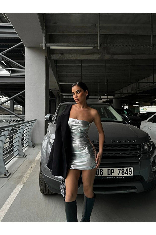 Kadın Göğüs Dekolteli Tek Kol Payetli Gümüş Mini Boy Elbise VİSKALİ trendyol