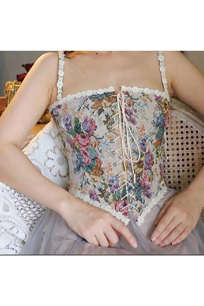 Fransız Vintage Çiçek Desenli Önden Bağcıklı Korse Büstiyer THESVELTECHIC