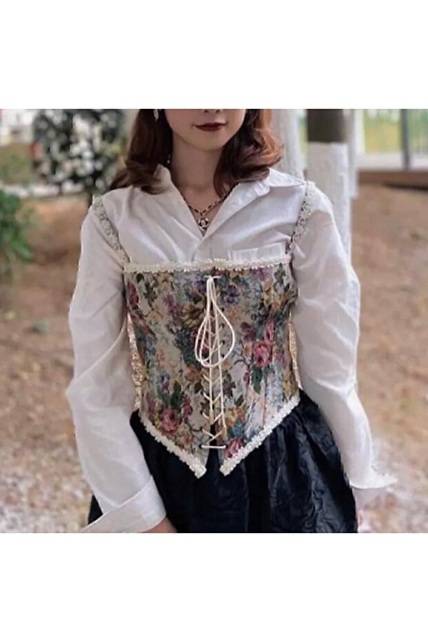 Fransız Vintage Çiçek Desenli Önden Bağcıklı Korse Büstiyer THESVELTECHIC