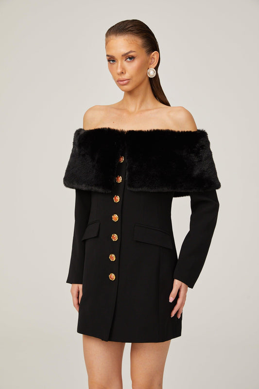 Velvet Allure Kürk Detaylı Düğme Tasarımlı Mini Elbise Siaora