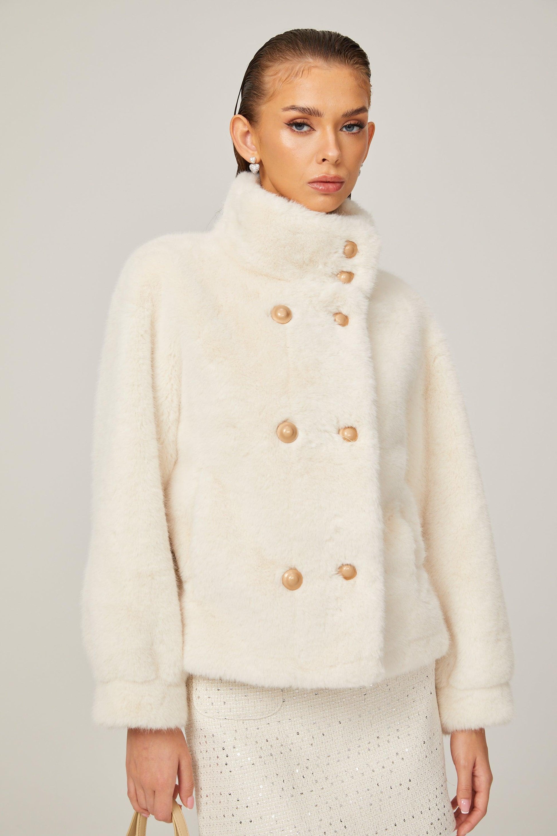 Elegance Pearl Çift Düğmeli Peluş Kaban Siaora