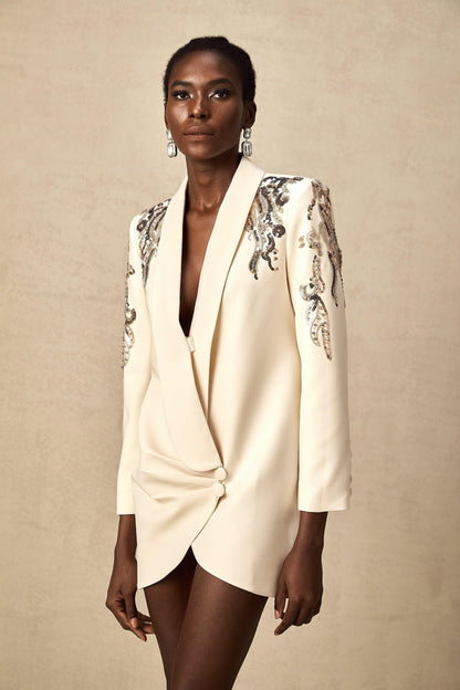 Opulent Grace İşlemeli Krem Blazer Elbise Siaora