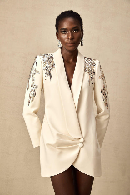 Opulent Grace İşlemeli Krem Blazer Elbise Siaora