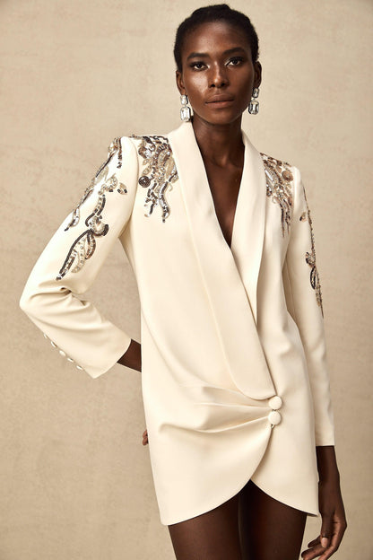Opulent Grace İşlemeli Krem Blazer Elbise Siaora