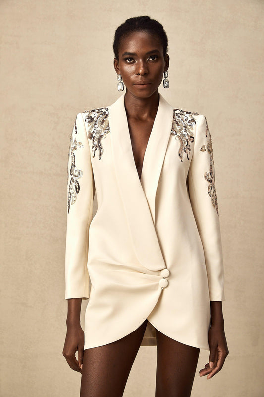 Opulent Grace İşlemeli Krem Blazer Elbise Siaora