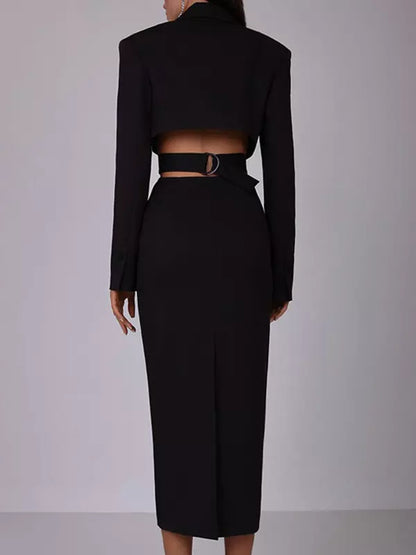 Açıklama Derin V Yaka Metal Detaylı Blazer Midi Elbise Niebbla