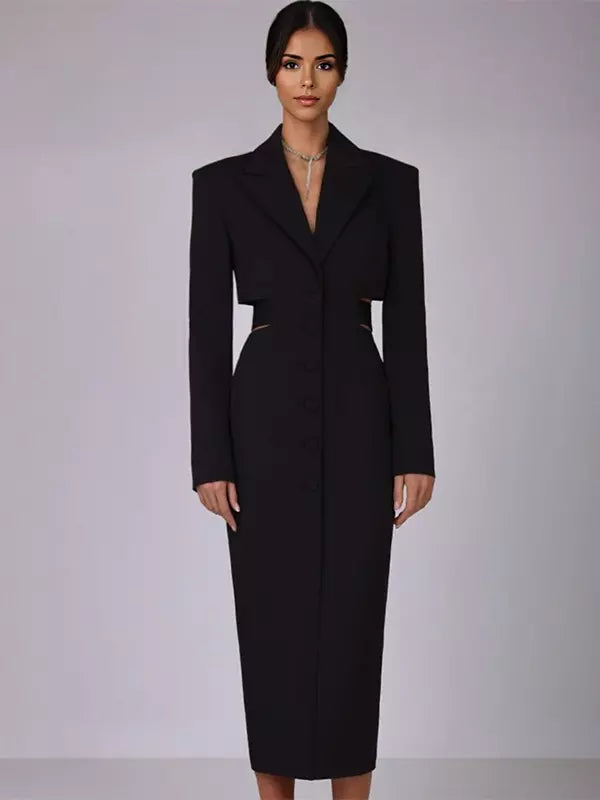 Açıklama Derin V Yaka Metal Detaylı Blazer Midi Elbise Niebbla