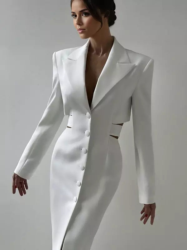 Açıklama Derin V Yaka Metal Detaylı Blazer Midi Elbise Niebbla