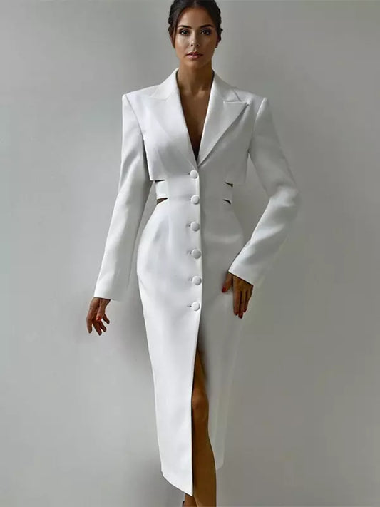 Açıklama Derin V Yaka Metal Detaylı Blazer Midi Elbise Niebbla