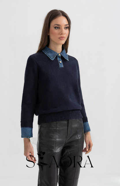 Denim Detaylı Triko Kazak Siaora