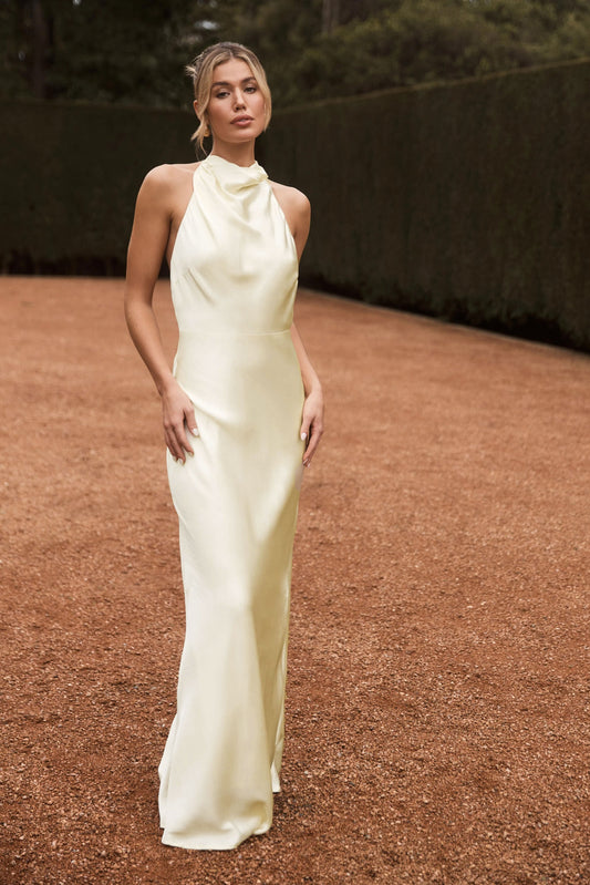 ROF Esther Yanardöner Saten Cowl Maxi Elbise - Limon Şerbeti Shine Aura