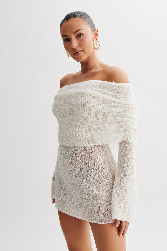Marisol Omuz Açık Boucle Mini Elbise - Ivory Quvarse