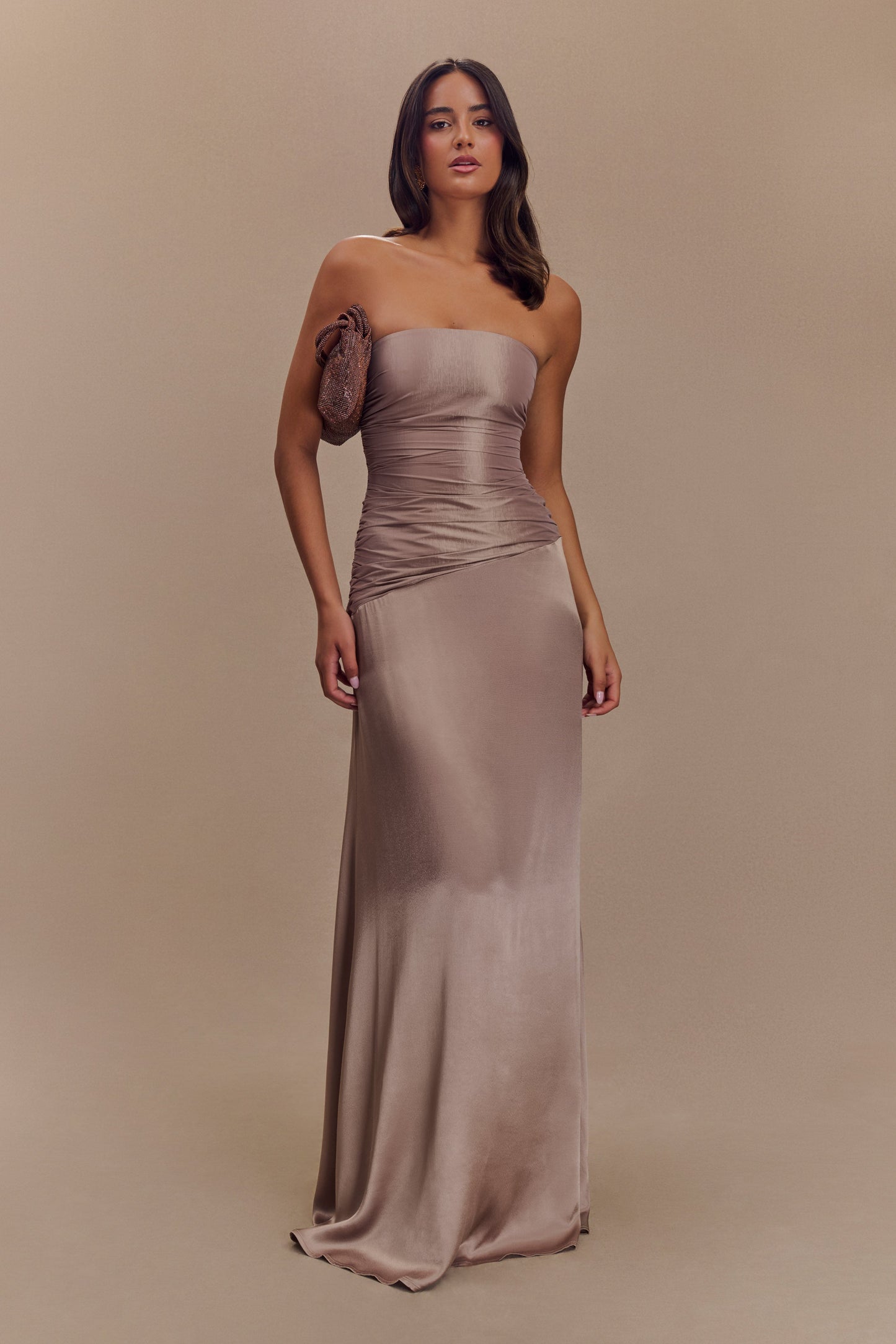 ROF Serena Straplez Tafta Maxi Elbise - Bronz Taupe Shine Aura