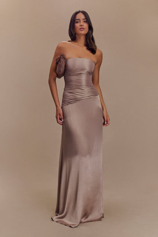 ROF Serena Straplez Tafta Maxi Elbise - Bronz Taupe Shine Aura