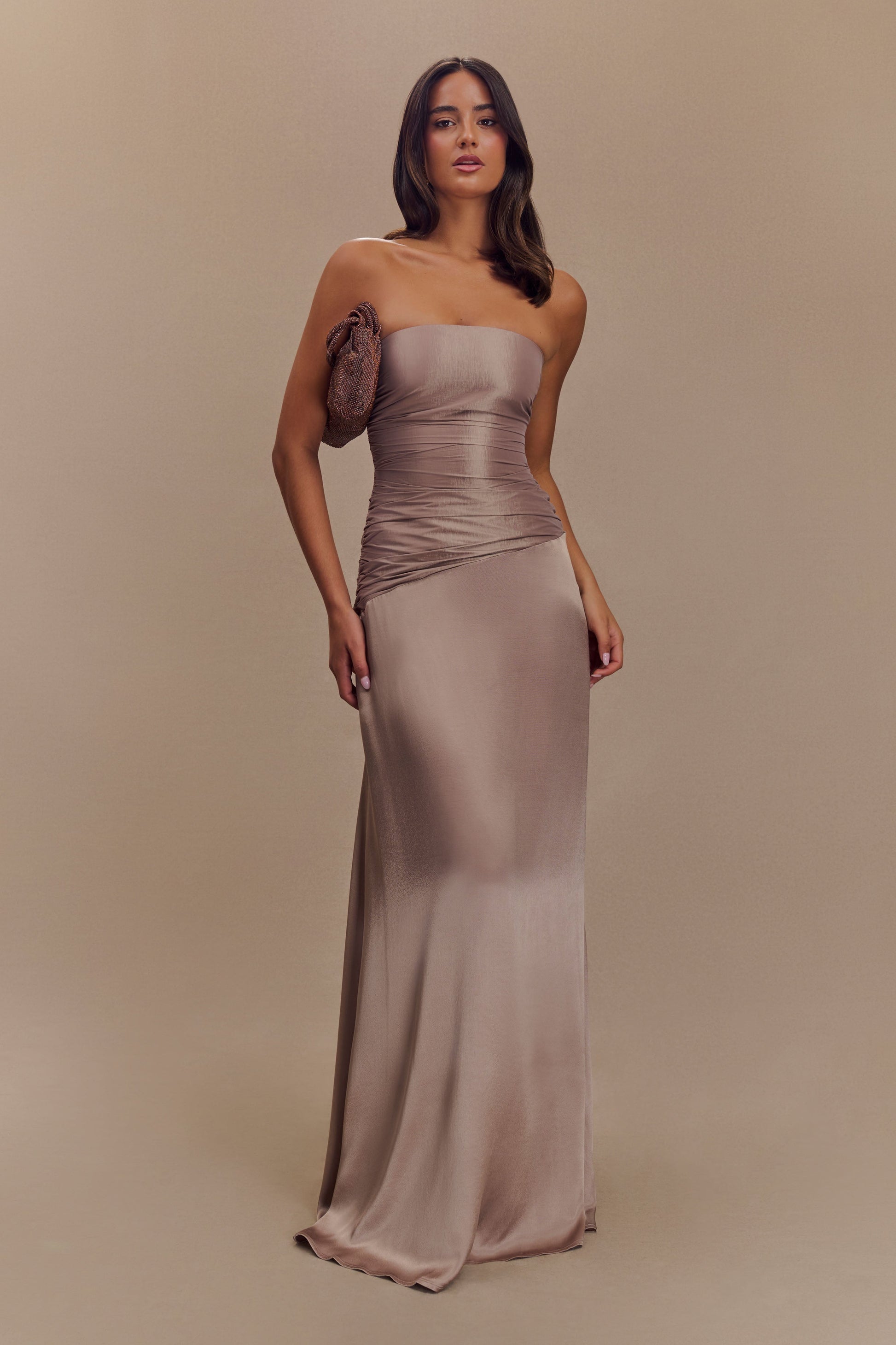 ROF Serena Straplez Tafta Maxi Elbise - Bronz Taupe Shine Aura