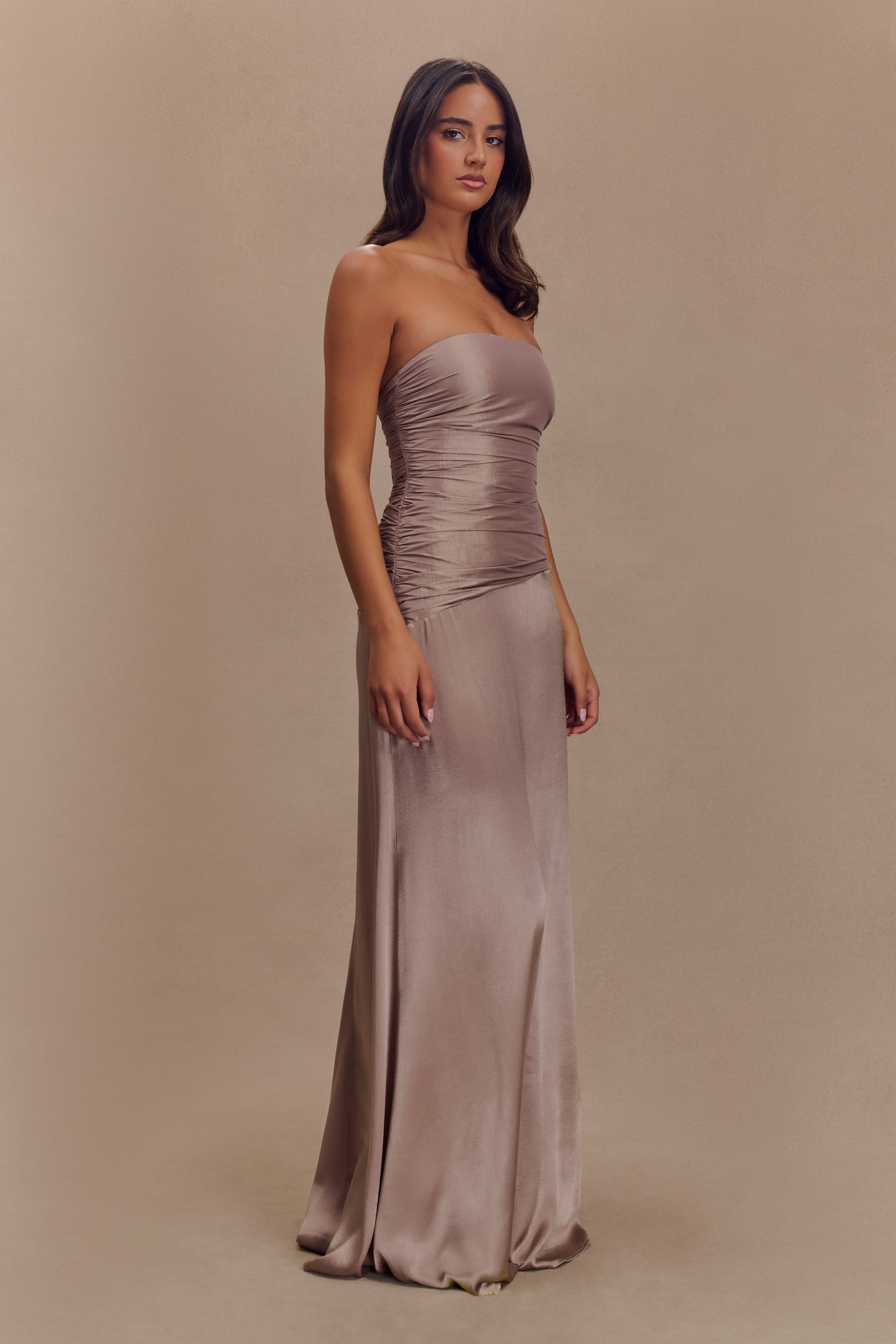 ROF Serena Straplez Tafta Maxi Elbise - Bronz Taupe Shine Aura