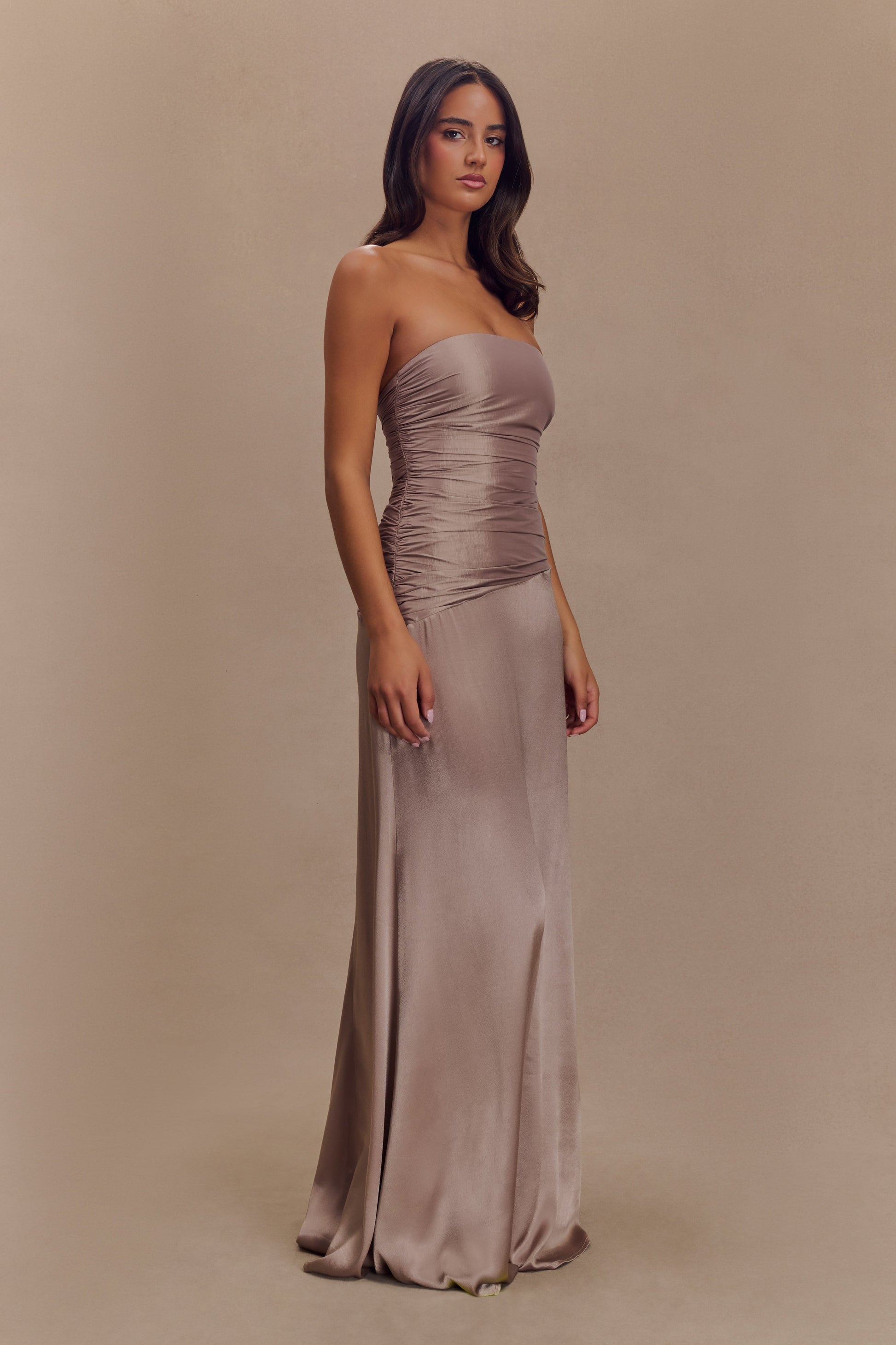 ROF Serena Straplez Tafta Maxi Elbise - Bronz Taupe Shine Aura