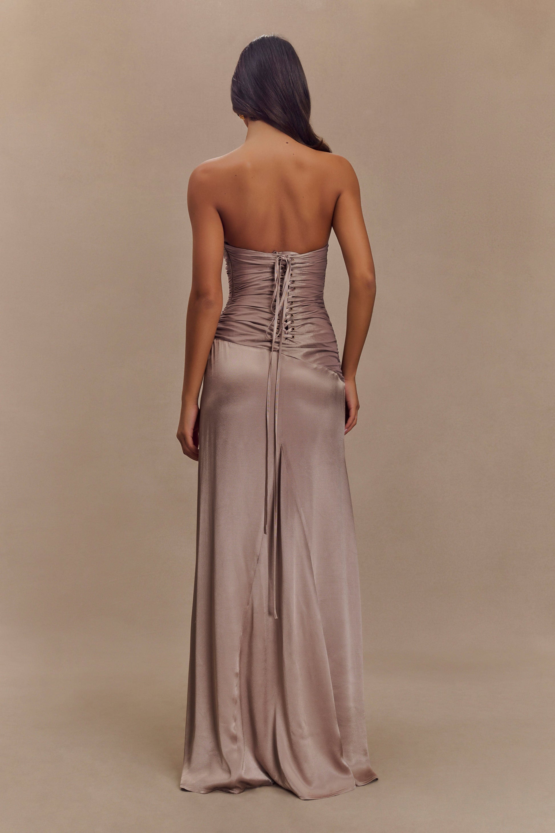 ROF Serena Straplez Tafta Maxi Elbise - Bronz Taupe Shine Aura