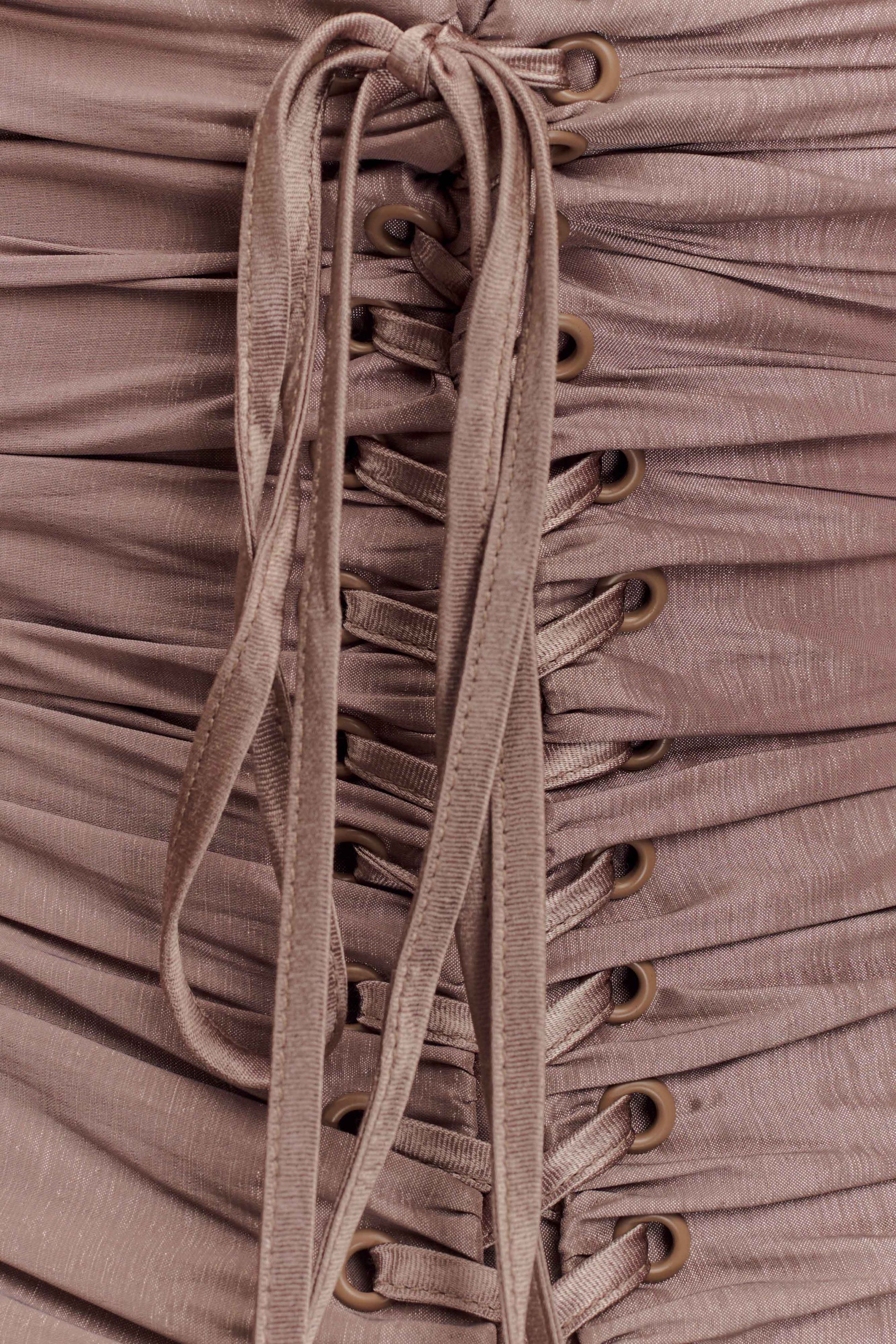 ROF Serena Straplez Tafta Maxi Elbise - Bronz Taupe Shine Aura