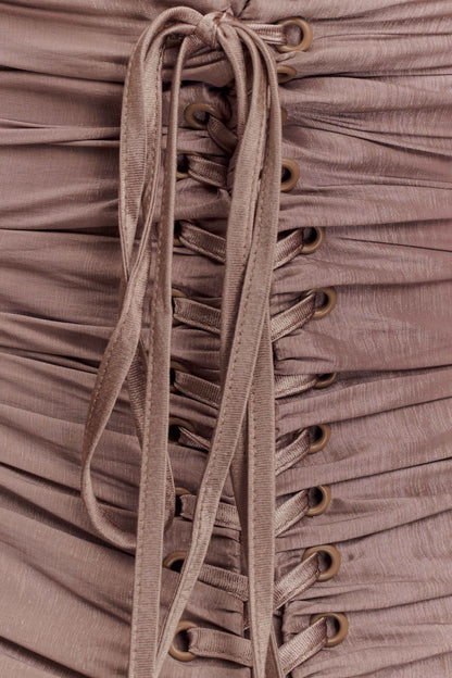ROF Serena Straplez Tafta Maxi Elbise - Bronz Taupe Shine Aura