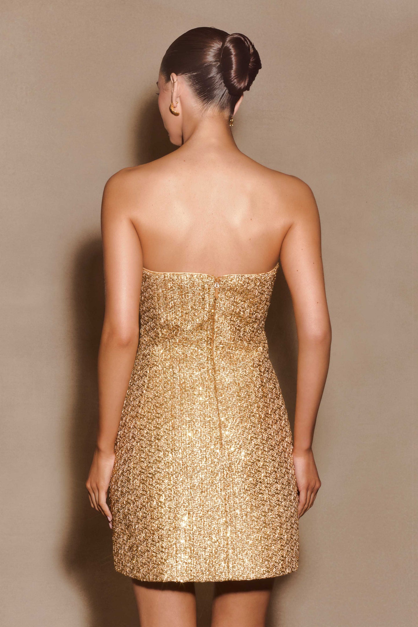 ROF Gala Straplez Tüvit Mini Elbise - Gold Shine Aura