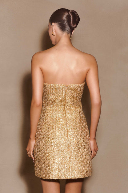 ROF Gala Straplez Tüvit Mini Elbise - Gold Shine Aura