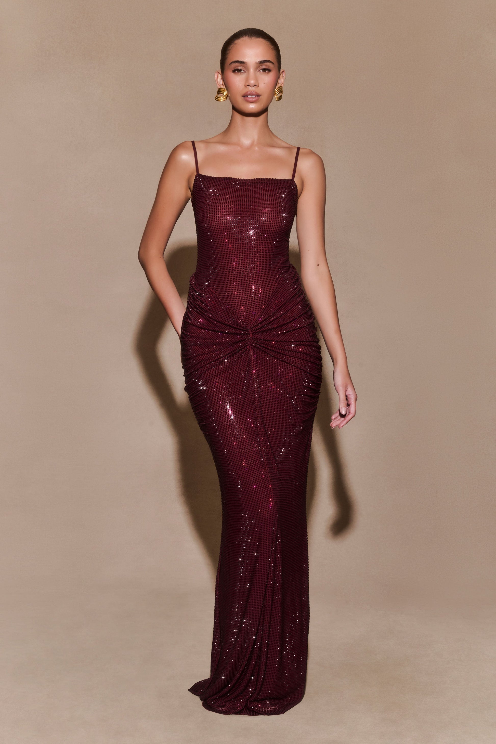 ROF Roisin Diamante Saten Maxi Elbise - Maun Shine Aura