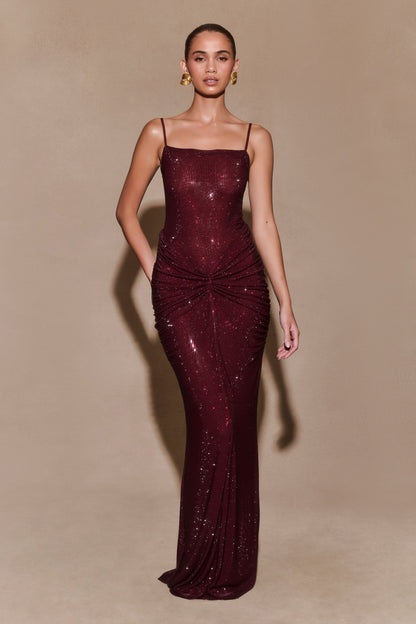ROF Roisin Diamante Saten Maxi Elbise - Maun Shine Aura