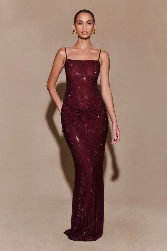 ROF Roisin Diamante Saten Maxi Elbise - Maun Shine Aura