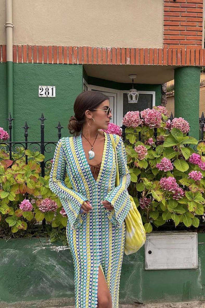Boho V Yaka Çan Kollu Dalgalı Çizgili Tığ İşi Plaj Tatil Uzun Elbise Niebbla