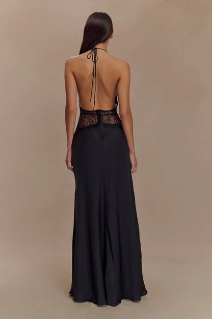 Halter Patchwork Sırt Dekolteli Seksi Uzun Elbise Niebbla