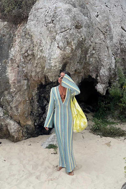 Boho V Yaka Çan Kollu Dalgalı Çizgili Tığ İşi Plaj Tatil Uzun Elbise Niebbla