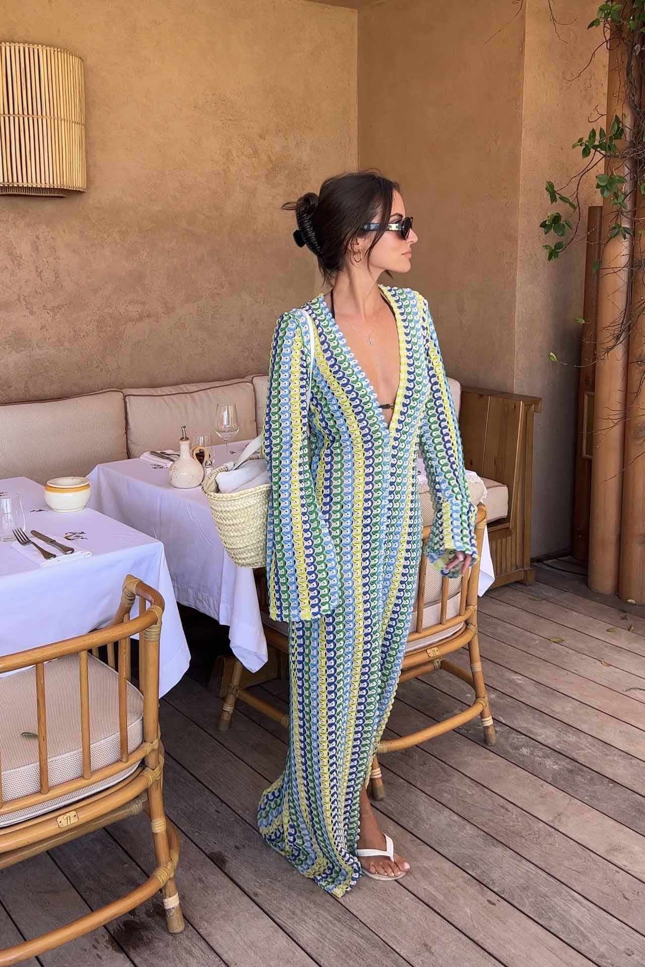 Boho V Yaka Çan Kollu Dalgalı Çizgili Tığ İşi Plaj Tatil Uzun Elbise Niebbla