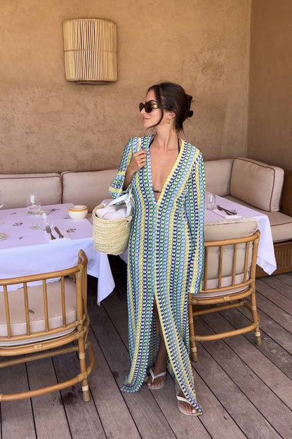 Boho V Yaka Çan Kollu Dalgalı Çizgili Tığ İşi Plaj Tatil Uzun Elbise Niebbla