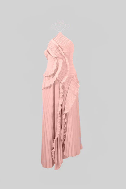 Fırfır Detaylı Pileli Halter Midi Elbise Siaora