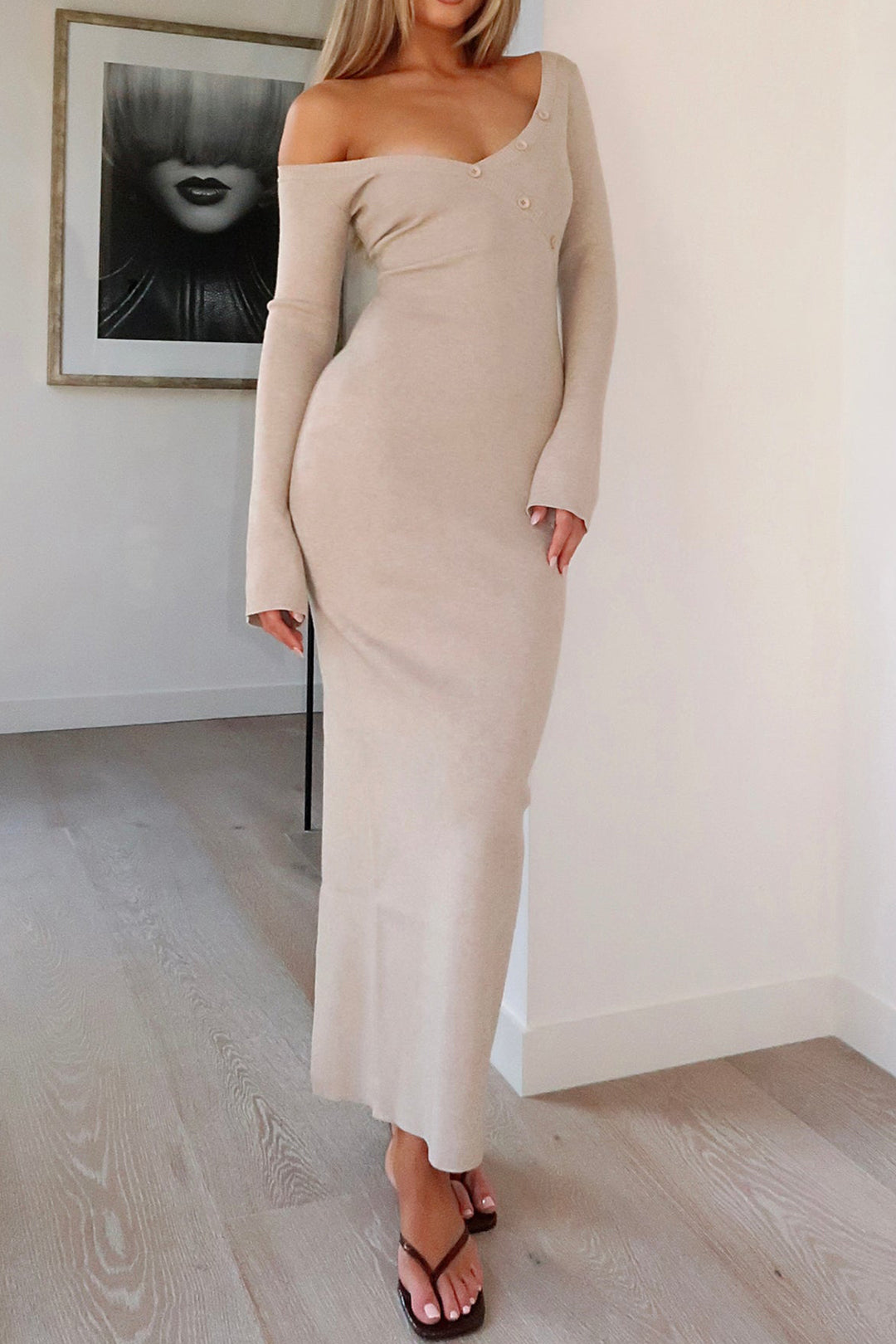 Button Asymmetric Neck Long Sleeve Maxi Elbise Siaora
