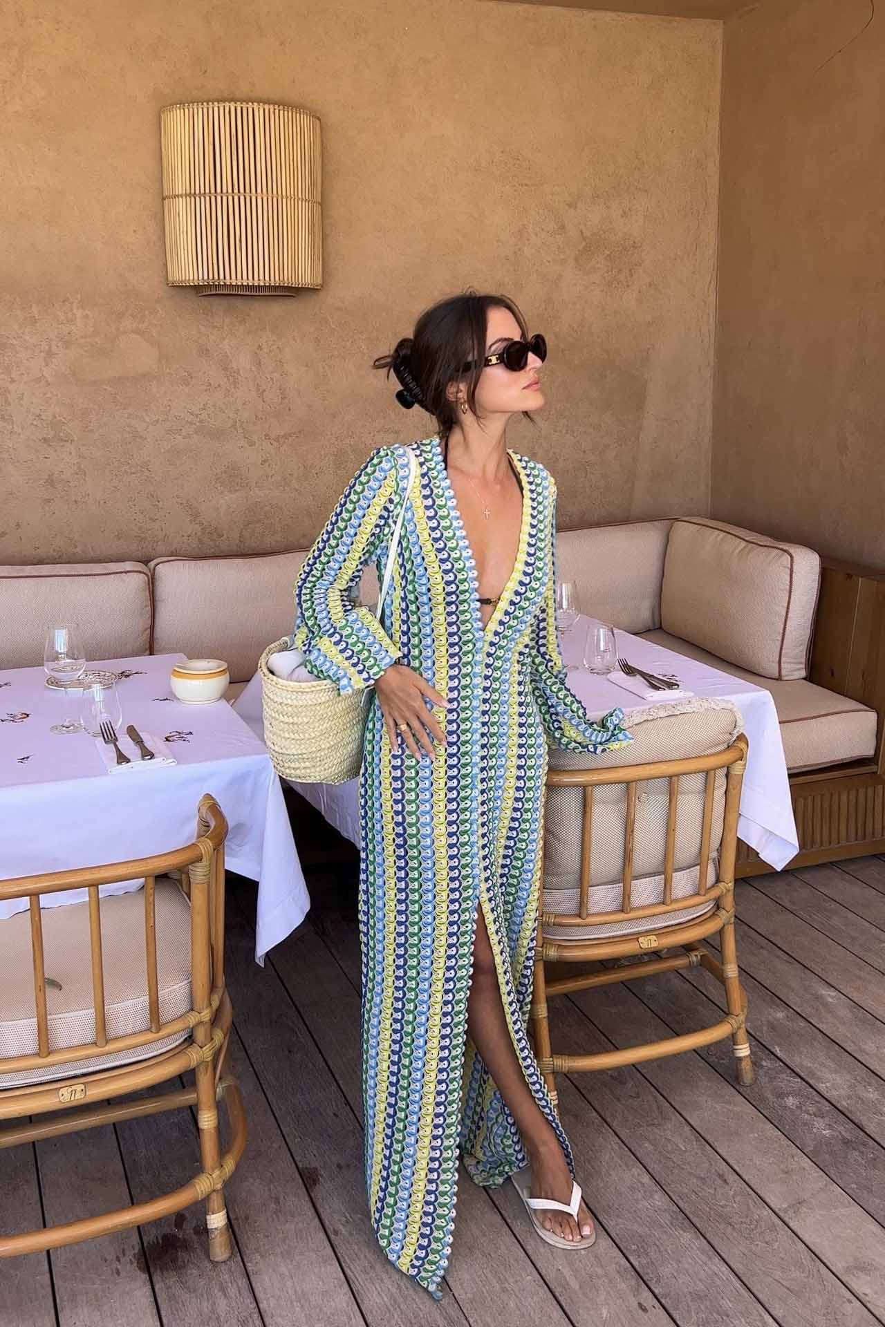 Boho V Yaka Çan Kollu Dalgalı Çizgili Tığ İşi Plaj Tatil Uzun Elbise Niebbla