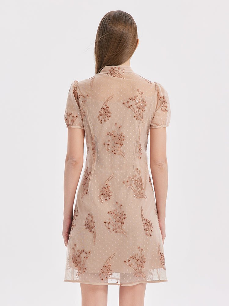 Bej Renkli Nakışlı Çiongşam Qipao Mini Elbise Siaora