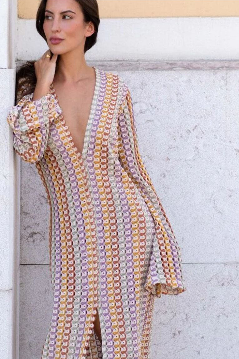 Boho V Yaka Çan Kollu Dalgalı Çizgili Tığ İşi Plaj Tatil Uzun Elbise Niebbla