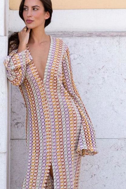 Boho V Yaka Çan Kollu Dalgalı Çizgili Tığ İşi Plaj Tatil Uzun Elbise Niebbla