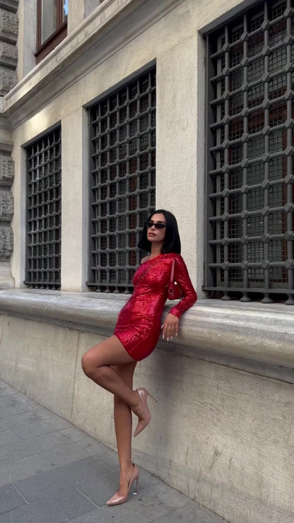 Kadın Göğüs Dekolteli Tek Kol Payetli Gümüş Mini Boy Elbise VİSKALİ trendyol