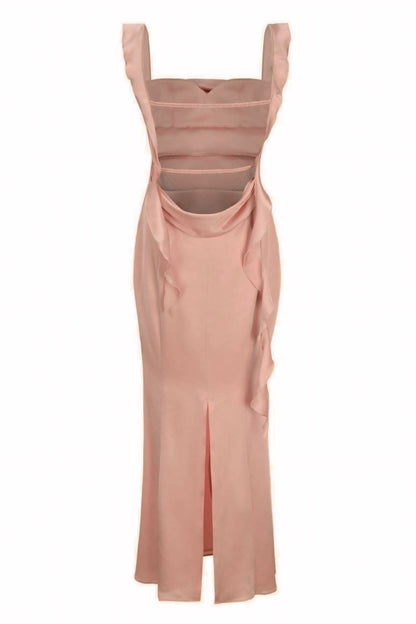 Hilda Ruffle Ribbon Sırtı Açık Uzun Elbise Shine Aura