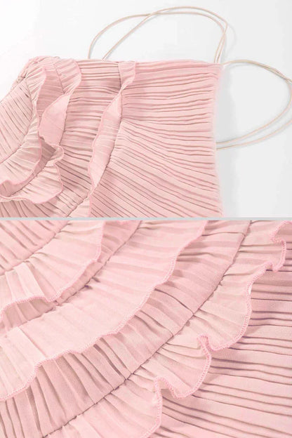 Fırfır Detaylı Pileli Halter Midi Elbise Siaora