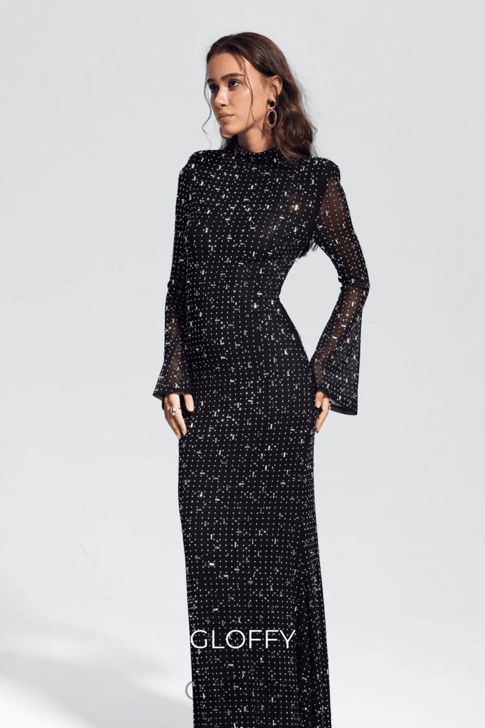 Andie Strasslı Bodycon Uzun Kollu Maxi Elbise Shine Aura