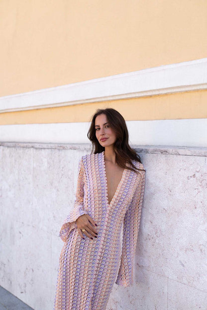 Boho V Yaka Çan Kollu Dalgalı Çizgili Tığ İşi Plaj Tatil Uzun Elbise Niebbla