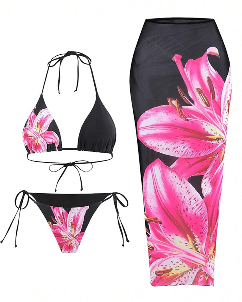 Çiçek Desenli Halter Kravat Sırtlı Bikini-Pareo Niebbla