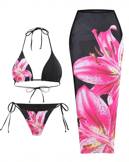 Çiçek Desenli Halter Kravat Sırtlı Bikini-Pareo Niebbla