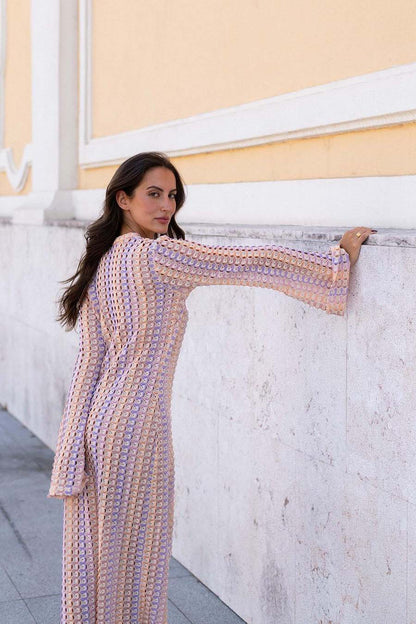 Boho V Yaka Çan Kollu Dalgalı Çizgili Tığ İşi Plaj Tatil Uzun Elbise Niebbla