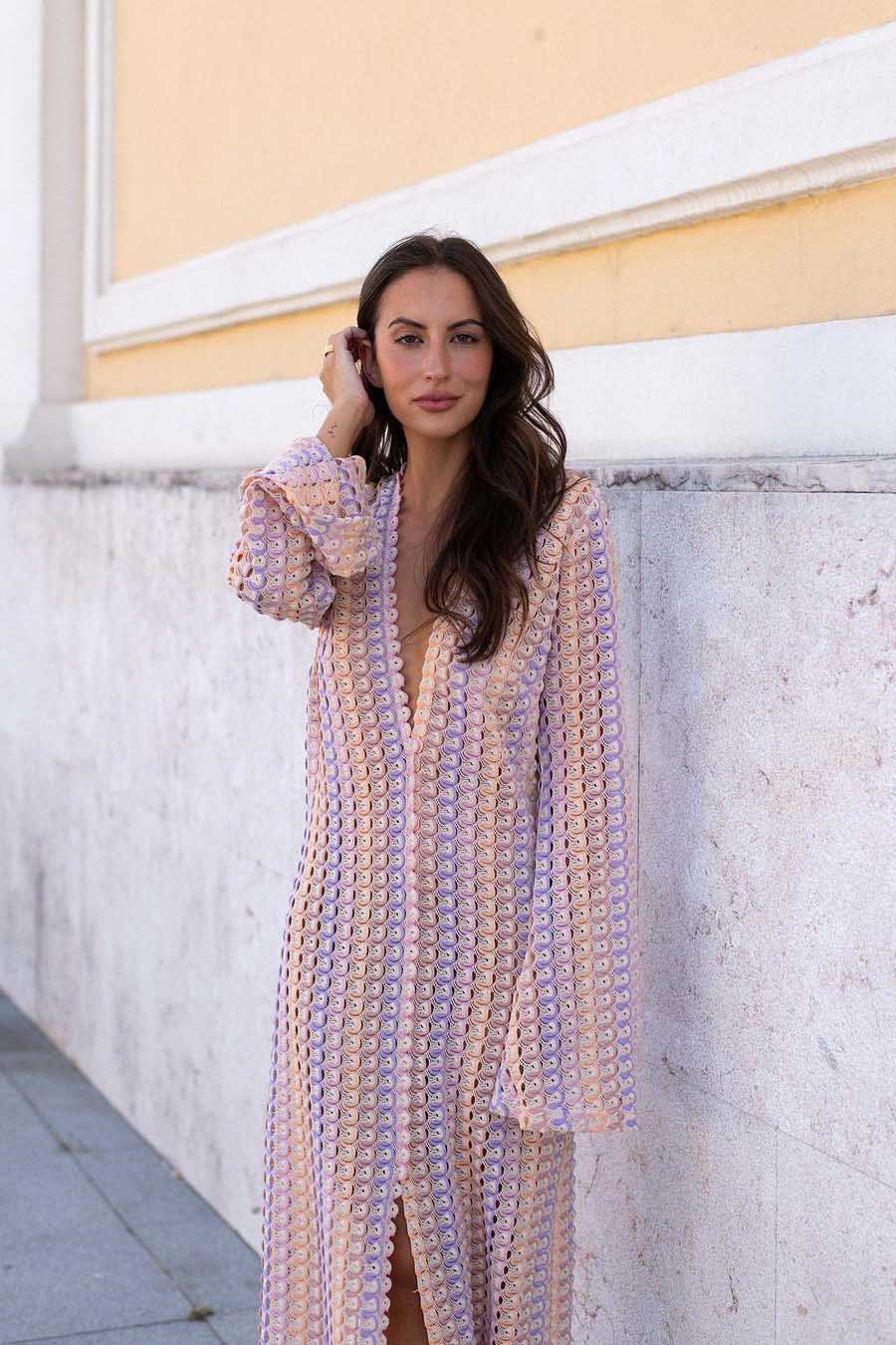 Boho V Yaka Çan Kollu Dalgalı Çizgili Tığ İşi Plaj Tatil Uzun Elbise Niebbla